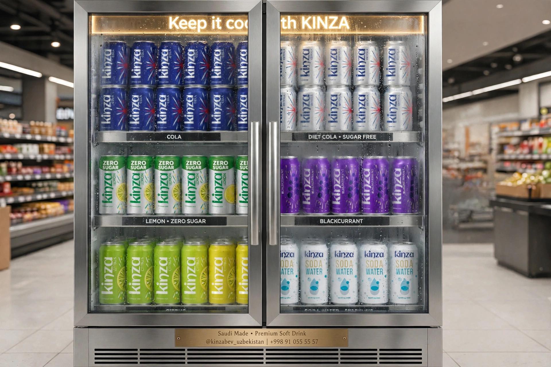 Kinza double-door branded fridge in a supermarket